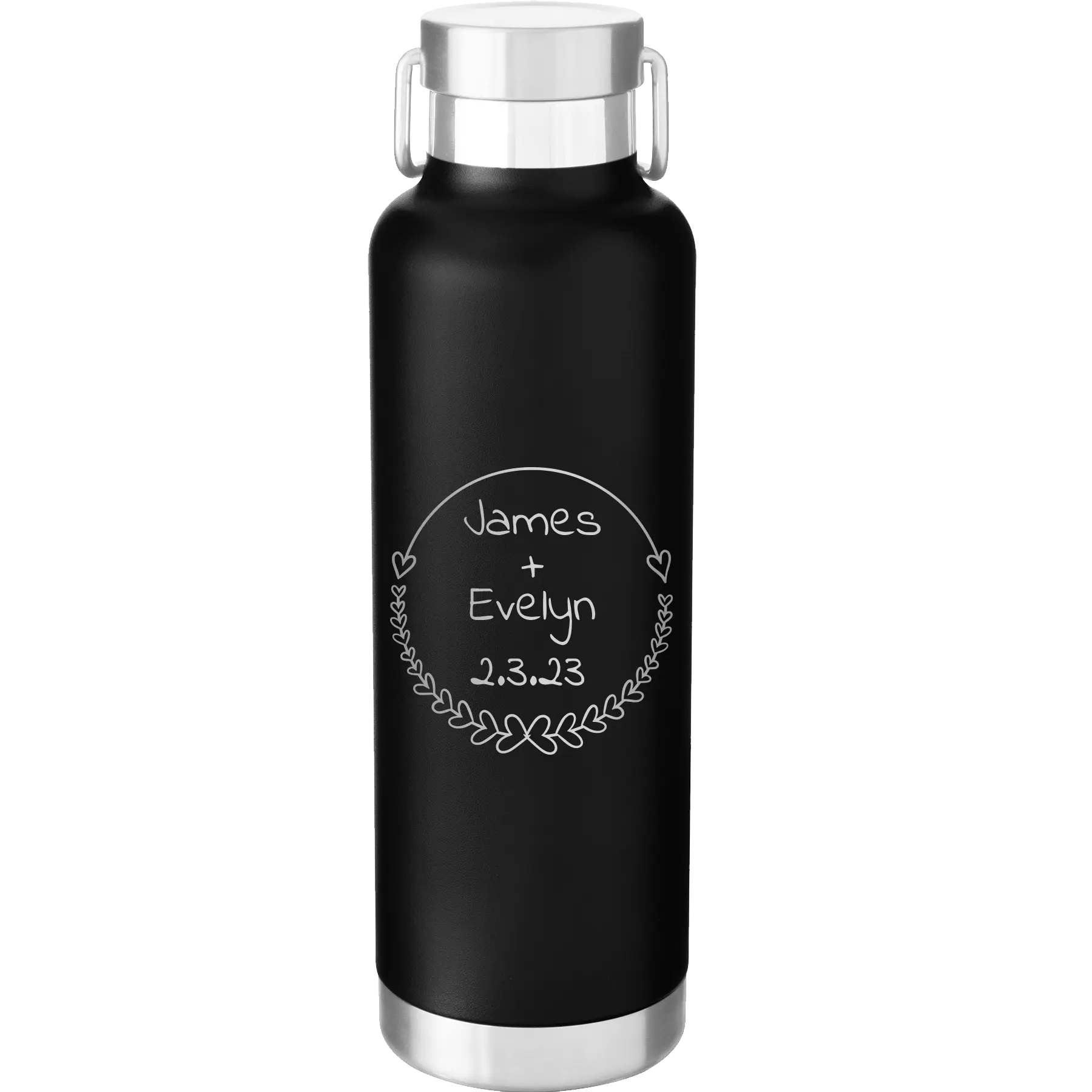 Personalized black 24 oz vacuum insulated water bottle with 'Name and Date' design