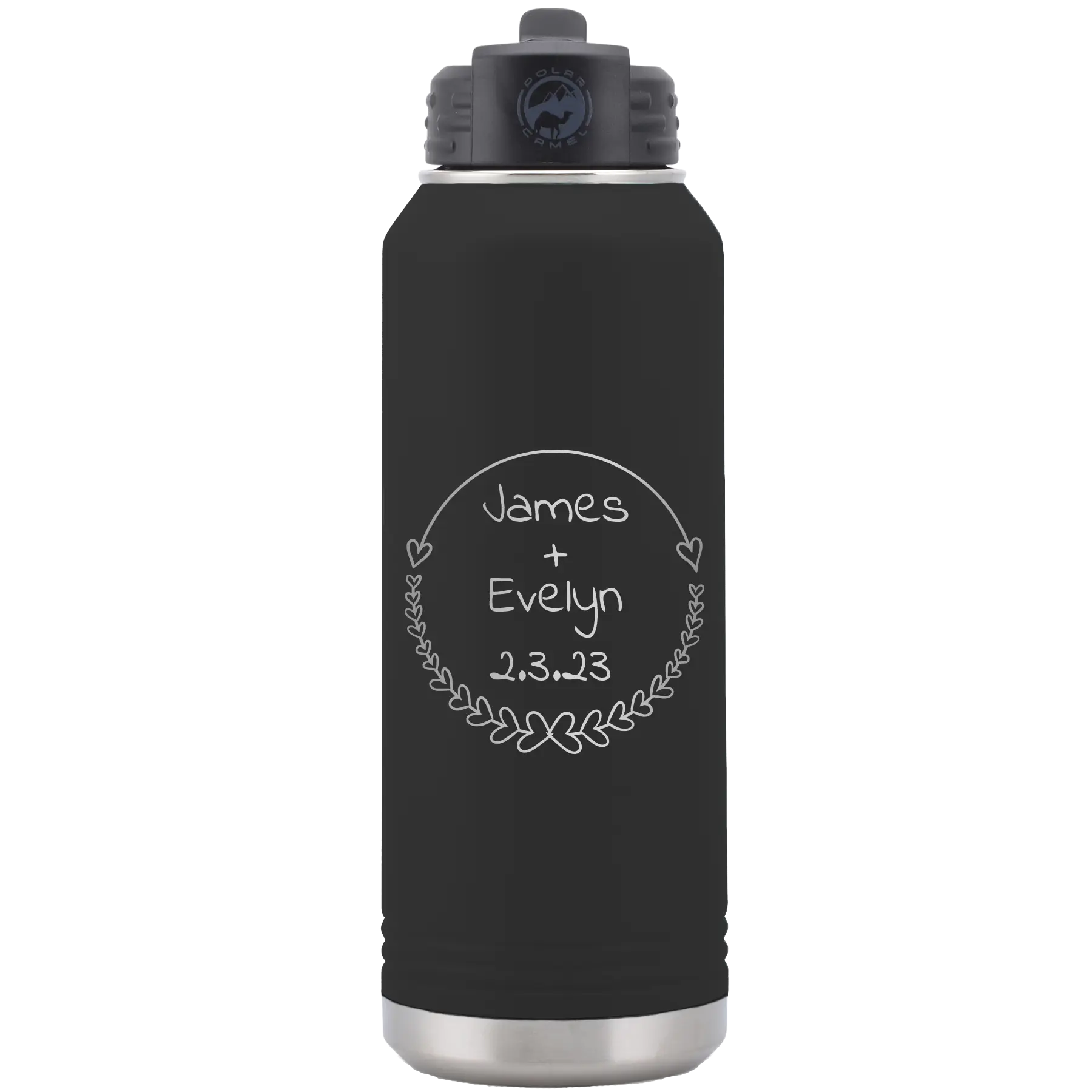 Personalized black 32 oz vacuum insulated water bottle with 'Name and Date' design