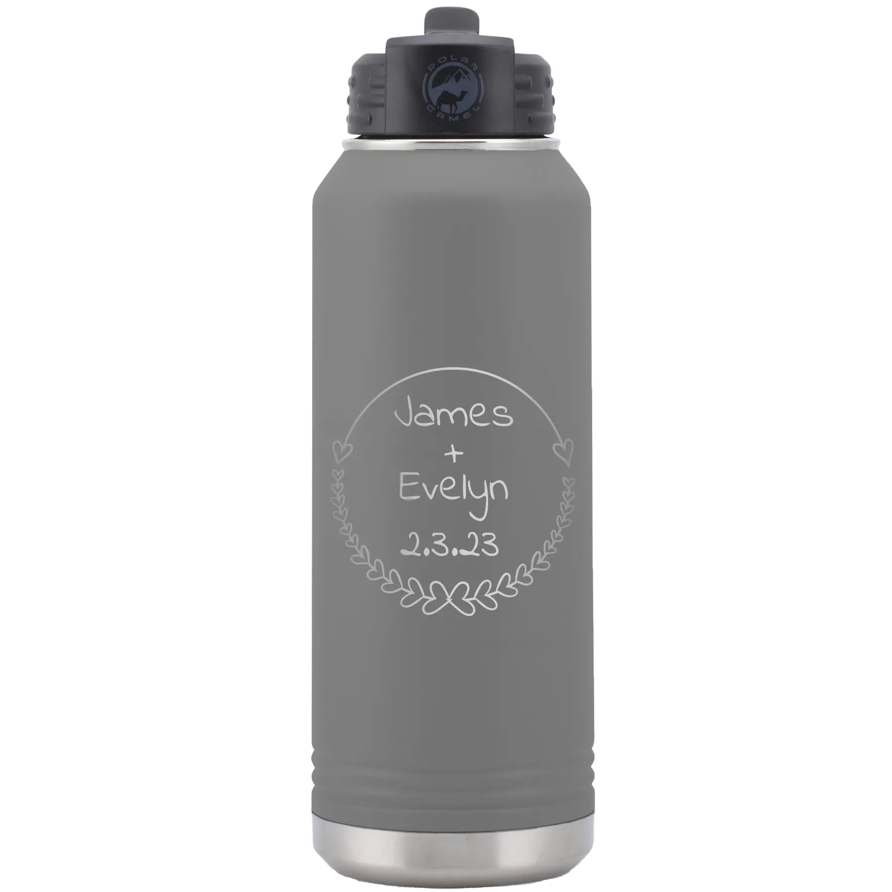 Personalized dark gray 32 oz vacuum insulated water bottle with 'Name and Date' design
