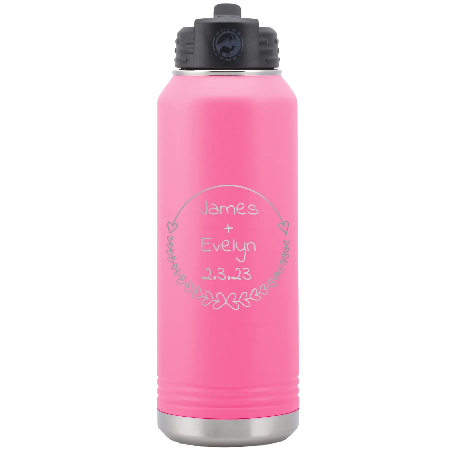 Personalized pink 32 oz vacuum insulated water bottle with 'Name and Date' design