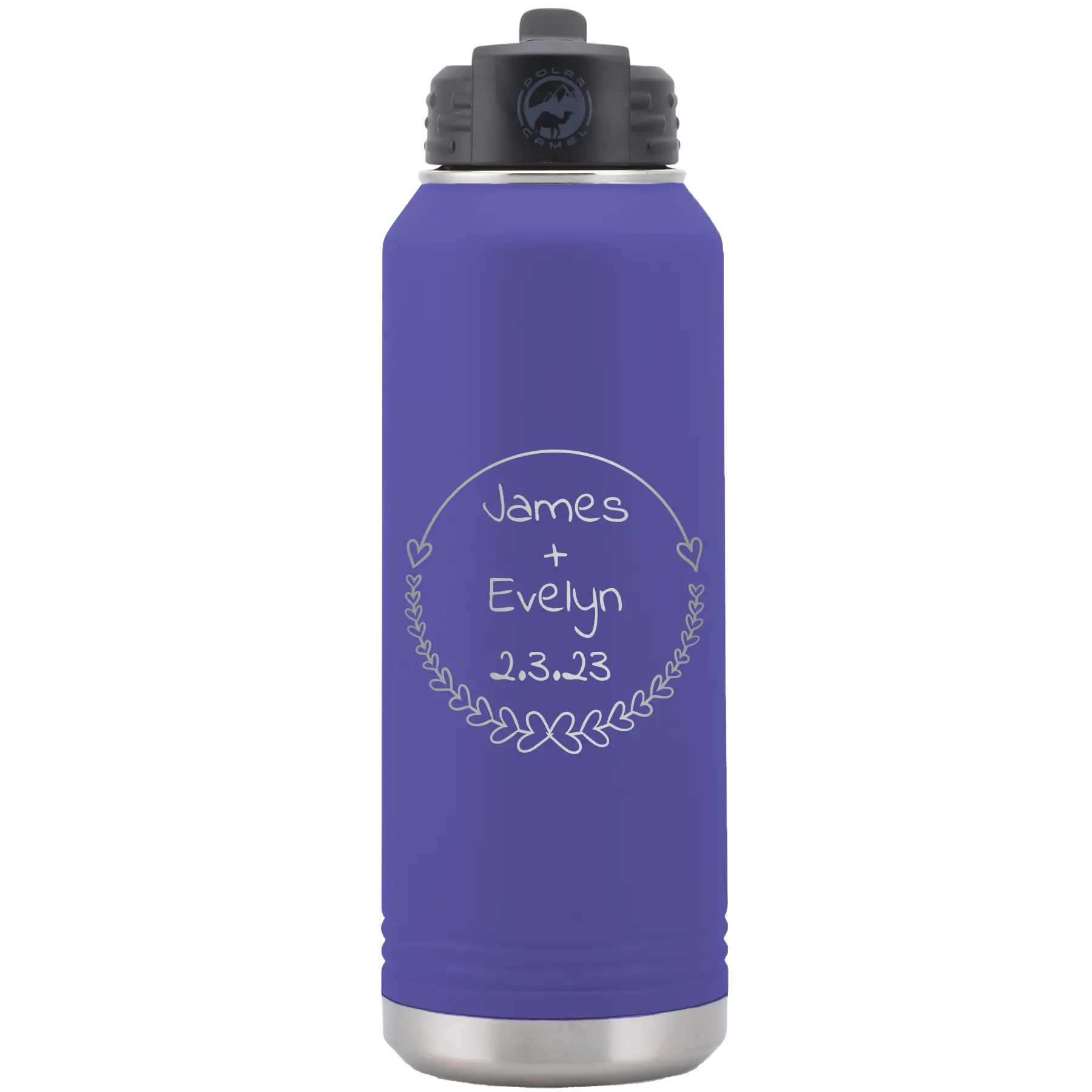 Personalized purple 32 oz vacuum insulated water bottle with 'Name and Date' design