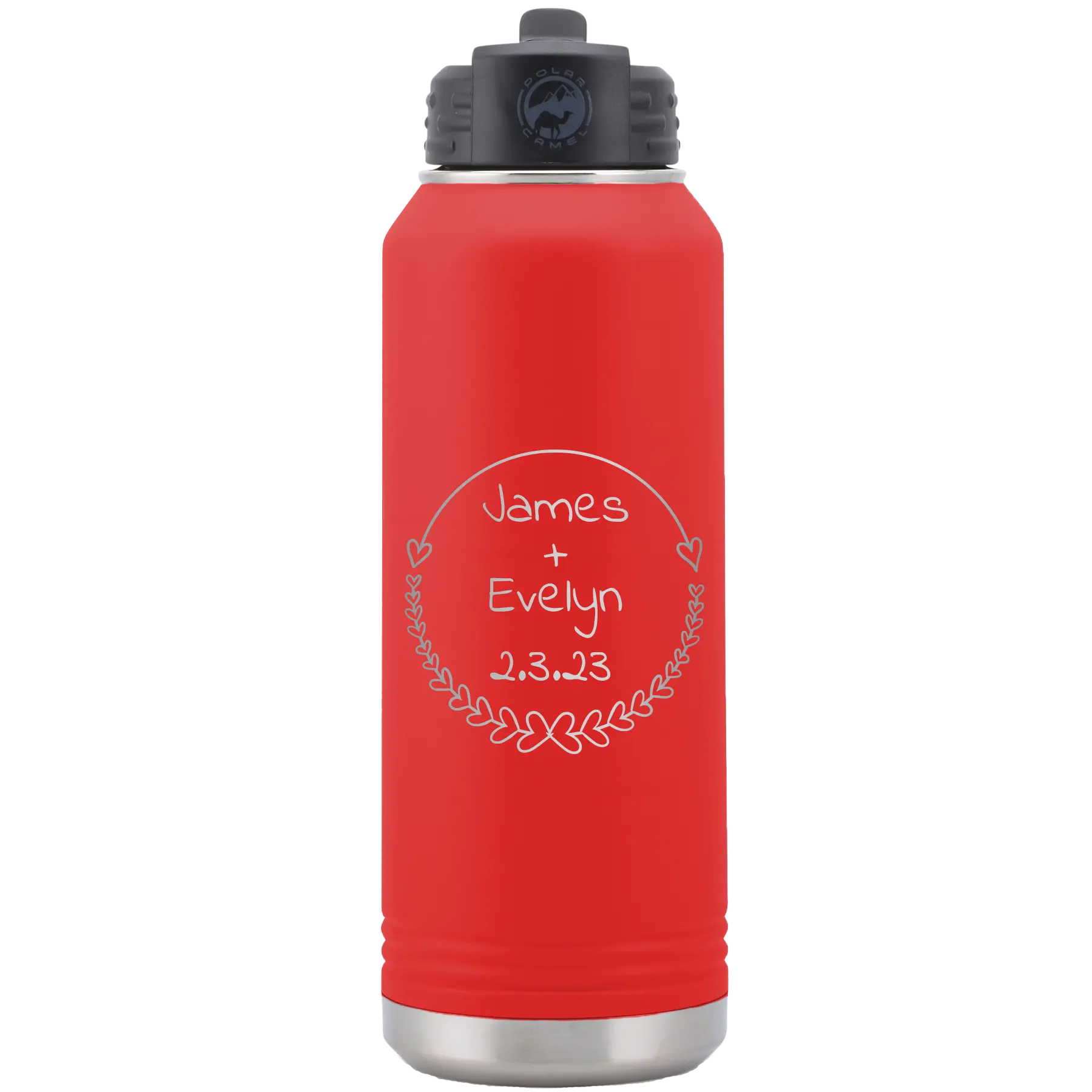 Personalized red 32 oz vacuum insulated water bottle with 'Name and Date' design