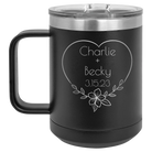 Personalized black 15 oz vacuum insulated coffee mug with 'Name and Date2' design