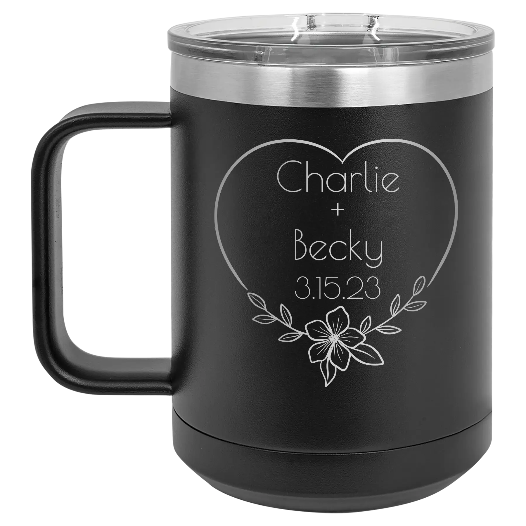 Personalized black 15 oz vacuum insulated coffee mug with 'Name and Date2' design