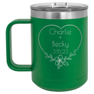 Personalized green 15 oz vacuum insulated coffee mug with 'Name and Date2' design