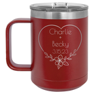 Personalized maroon 15 oz vacuum insulated coffee mug with 'Name and Date2' design