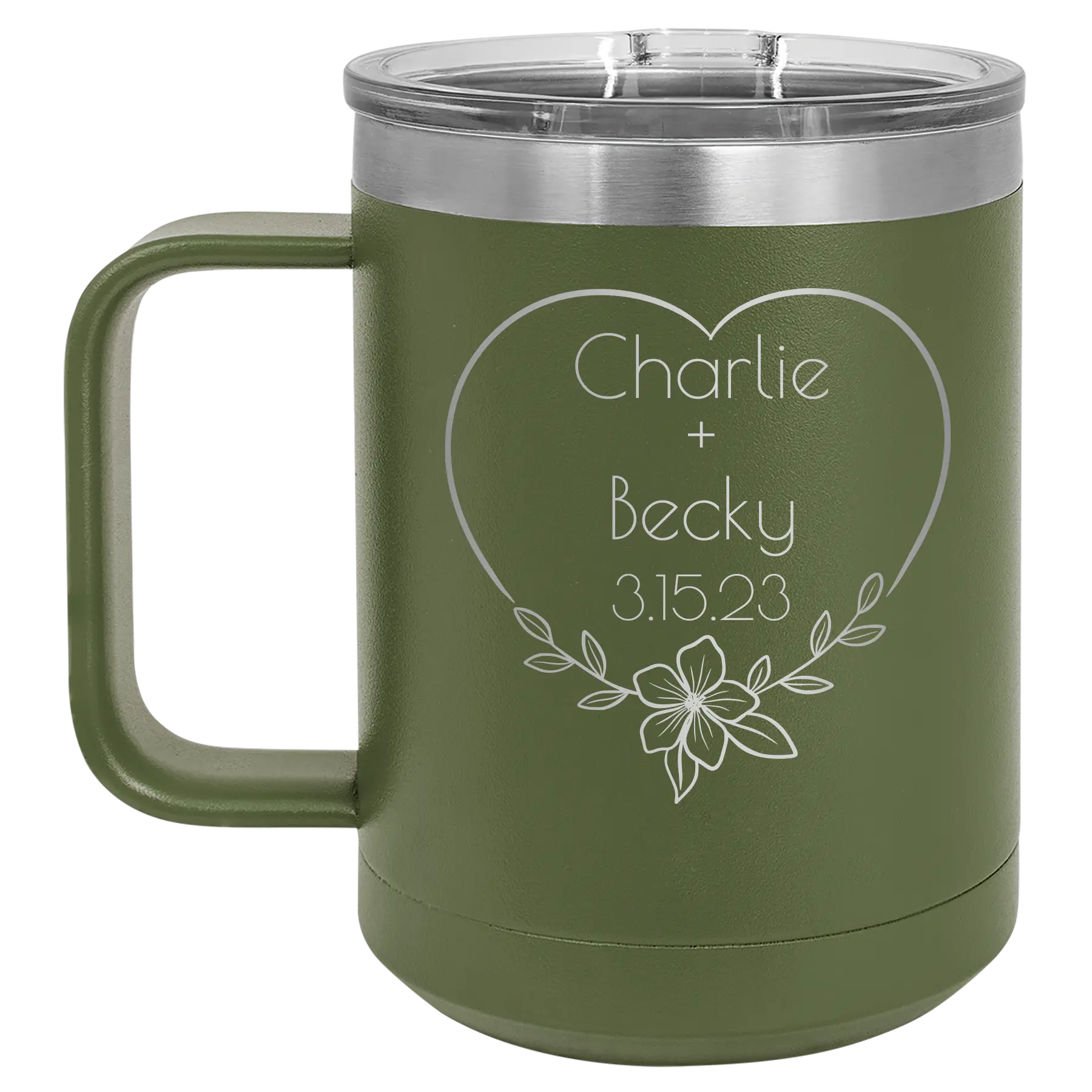 Personalized olive green 15 oz vacuum insulated coffee mug with 'Name and Date2' design