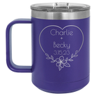 Personalized purple 15 oz vacuum insulated coffee mug with 'Name and Date2' design