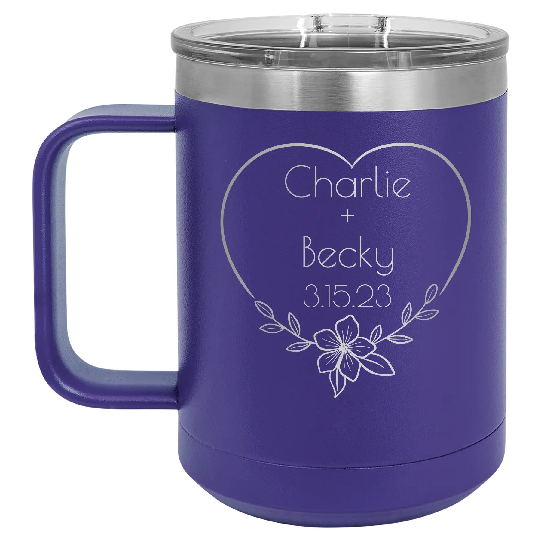 Personalized purple 15 oz vacuum insulated coffee mug with 'Name and Date2' design
