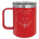 Personalized red 15 oz vacuum insulated coffee mug with 'Name and Date2' design