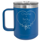 Personalized royal blue 15 oz vacuum insulated coffee mug with 'Name and Date2' design