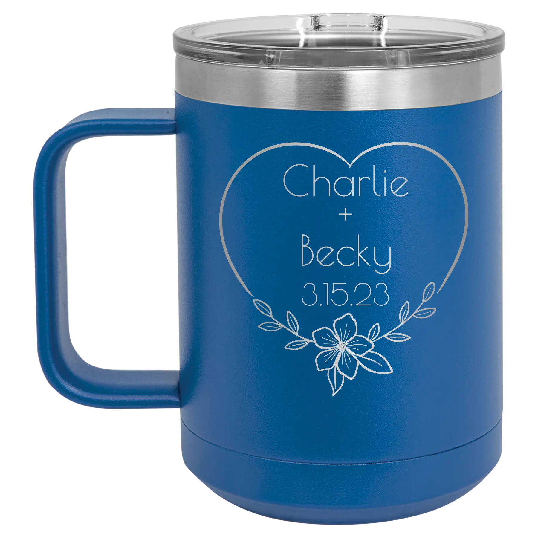 Personalized royal blue 15 oz vacuum insulated coffee mug with 'Name and Date2' design