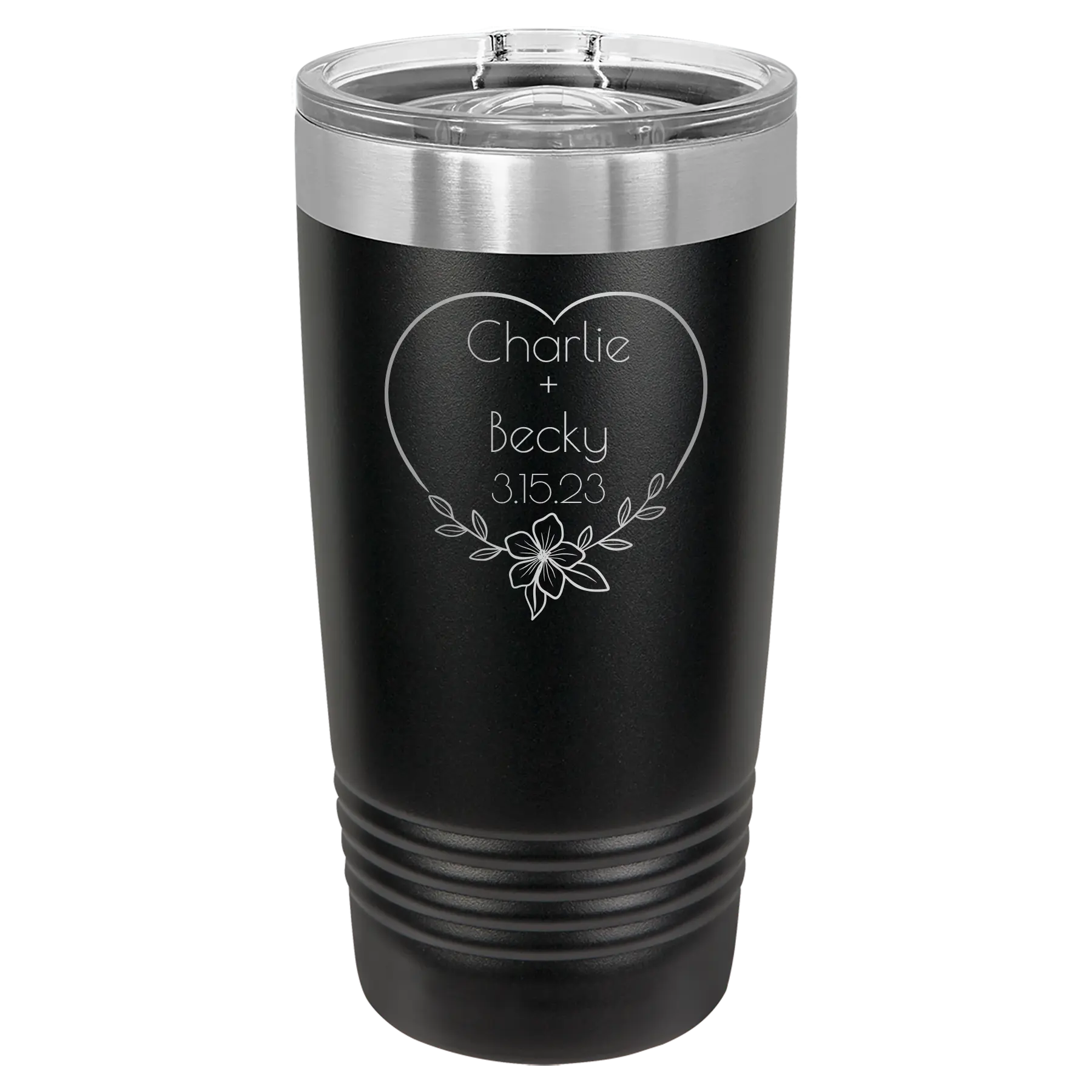 Personalized black 20 oz vacuum insulated tumbler with 'Name and Date2' design