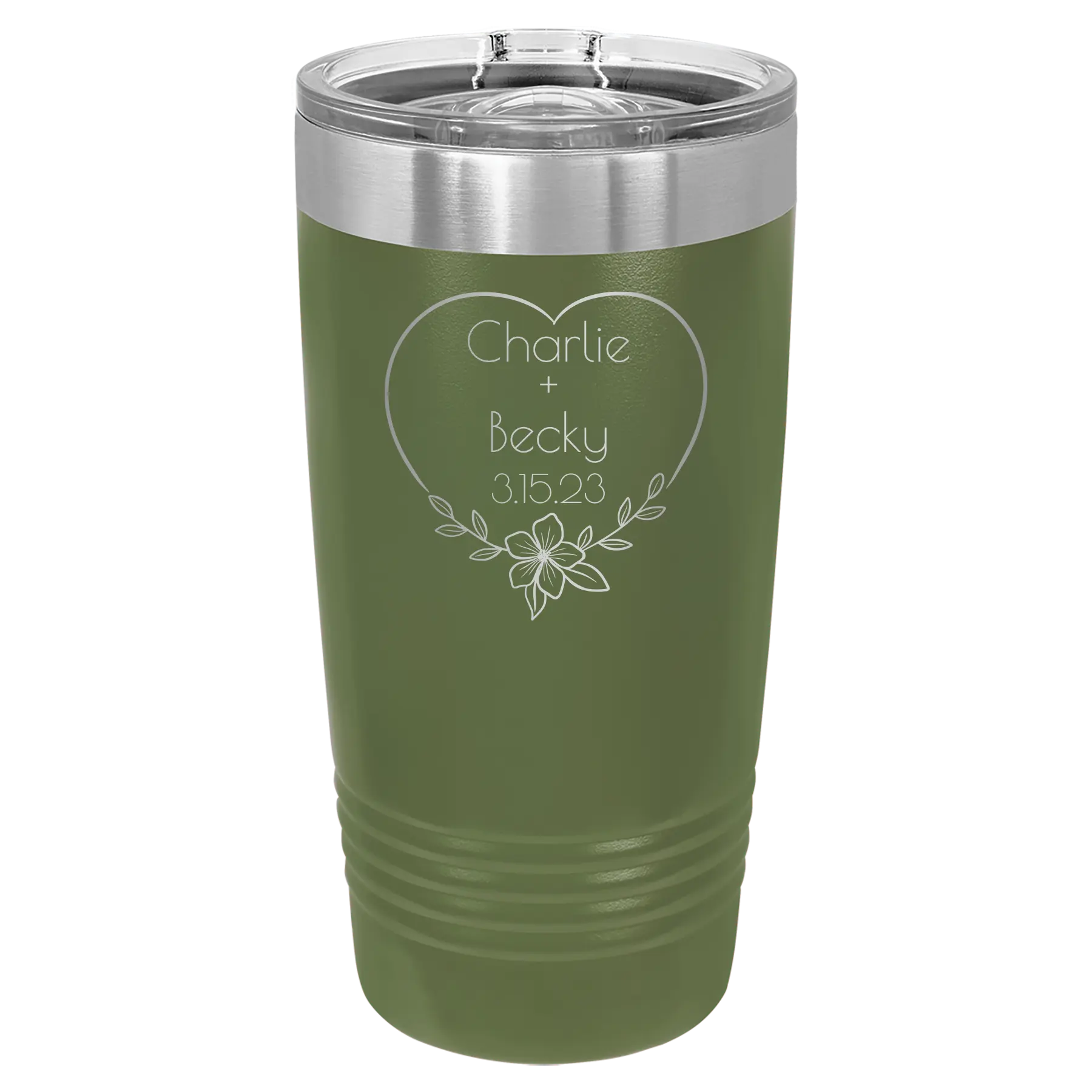 Personalized olive green 20 oz vacuum insulated tumbler with 'Name and Date2' design
