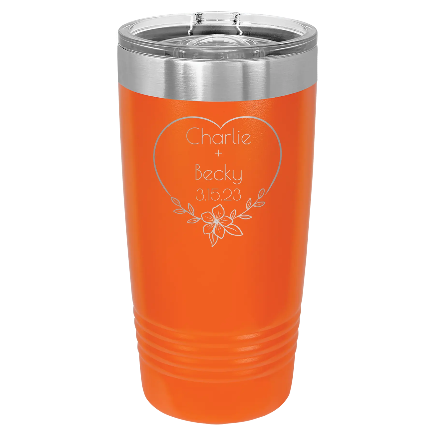 Personalized orange 20 oz vacuum insulated tumbler with 'Name and Date2' design