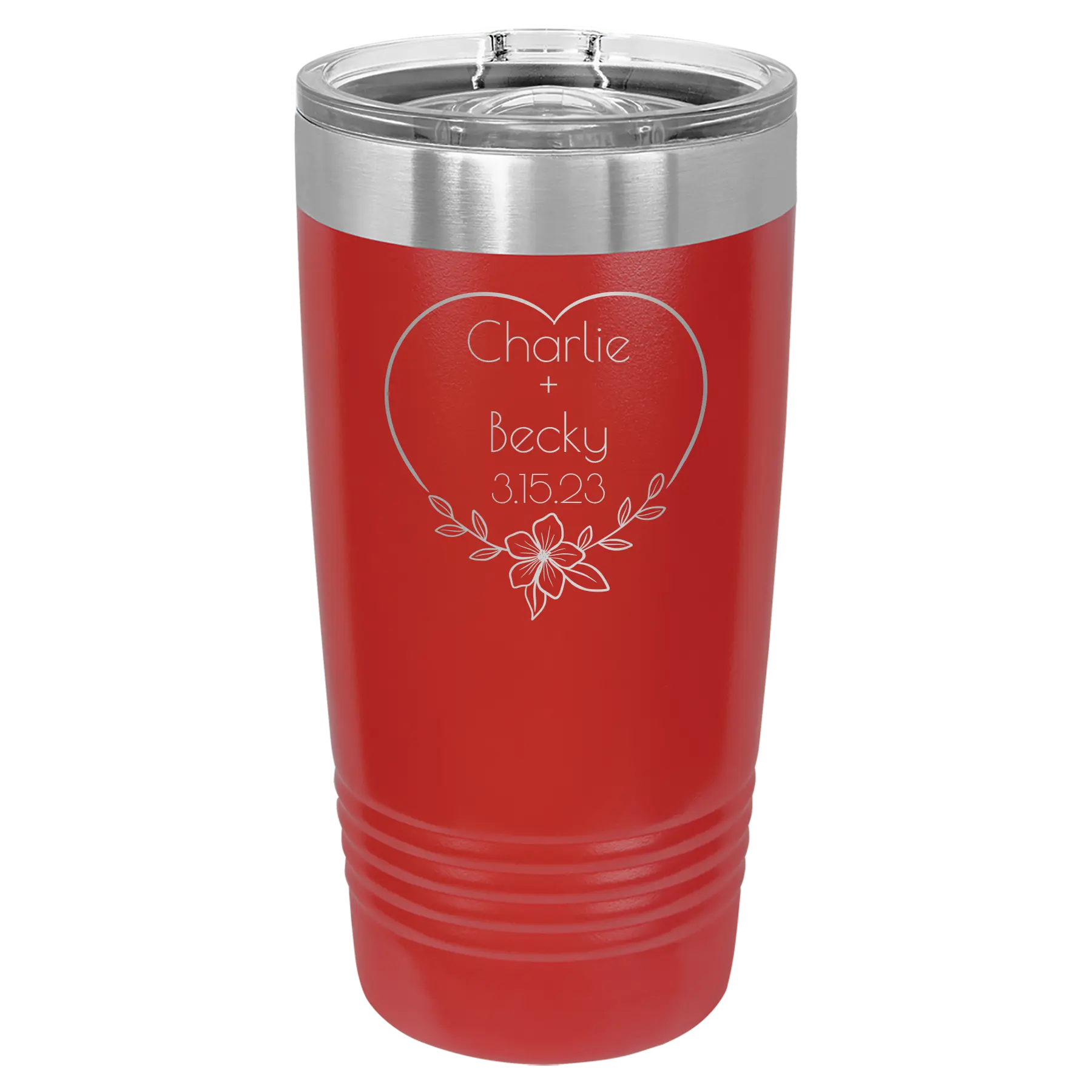 Personalized red 20 oz vacuum insulated tumbler with 'Name and Date2' design