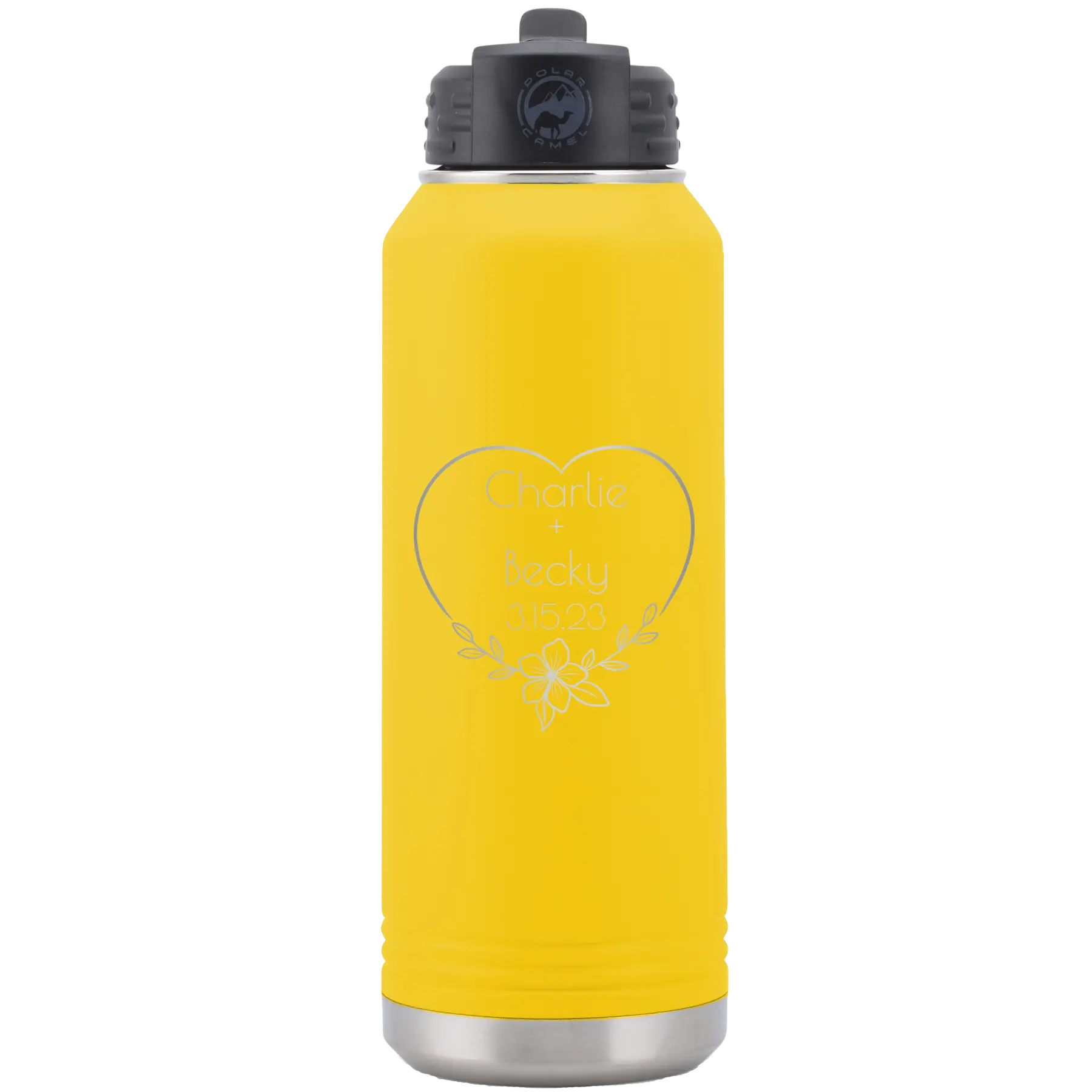 Personalized yellow 32 oz vacuum insulated water bottle with 'Name and Date2' design
