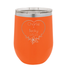 Personalized orange 12 oz vacuum insulated wine cup with 'Name and Date2' design