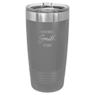 Personalized dark gray 20 oz vacuum insulated tumbler with 'Name Name Last Name est' design