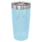 Personalized light blue 20 oz vacuum insulated tumbler with 'Name Name Last Name est' design