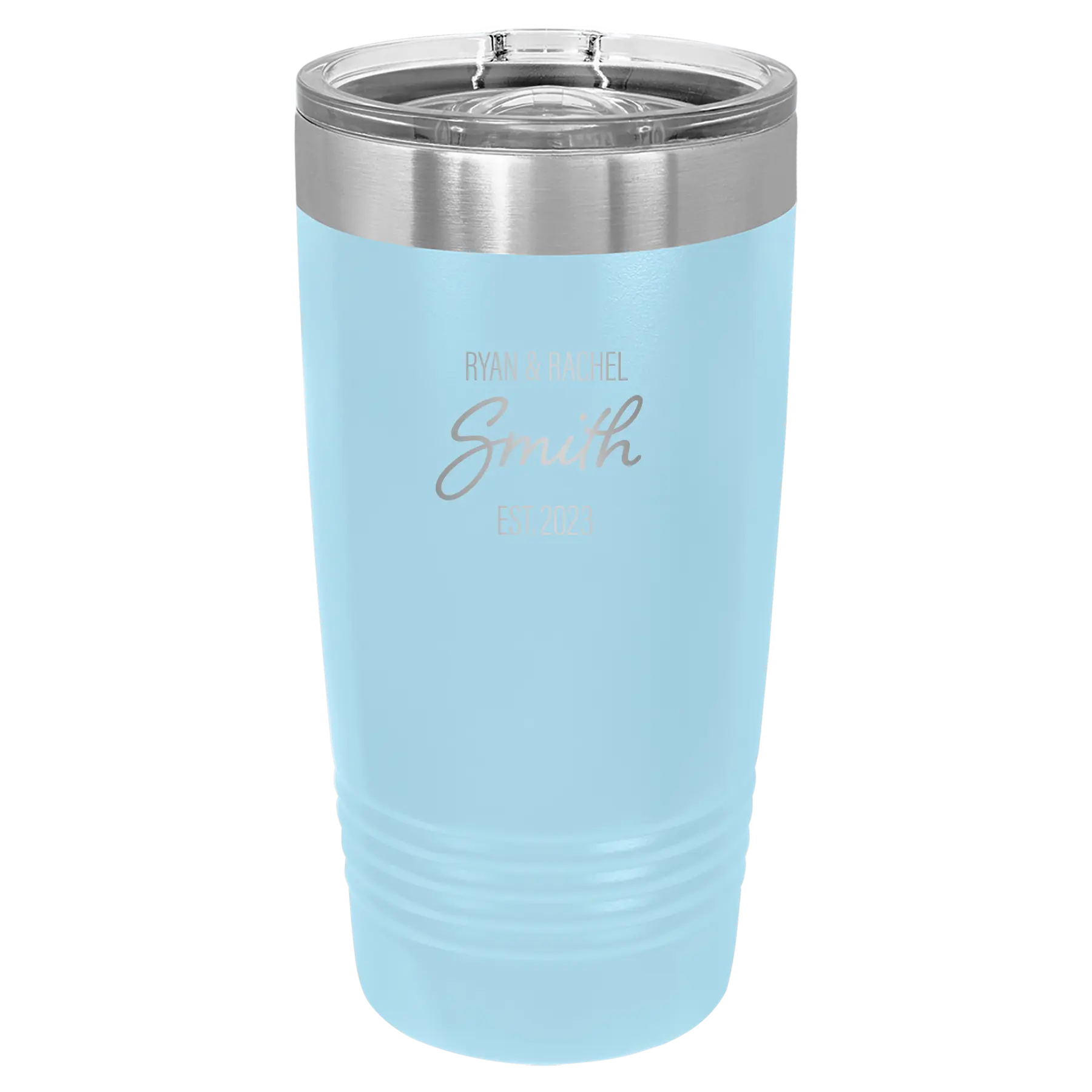 Personalized light blue 20 oz vacuum insulated tumbler with 'Name Name Last Name est' design