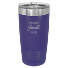 Personalized purple 20 oz vacuum insulated tumbler with 'Name Name Last Name est' design