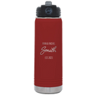 Personalized maroon 20 oz vacuum insulated water bottle with 'Name Name Last Name est' design