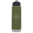 Personalized olive green 20 oz vacuum insulated water bottle with 'Name Name Last Name est' design