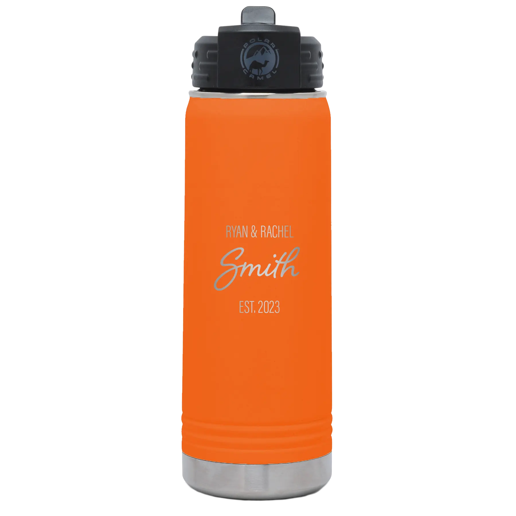 Personalized orange 20 oz vacuum insulated water bottle with 'Name Name Last Name est' design