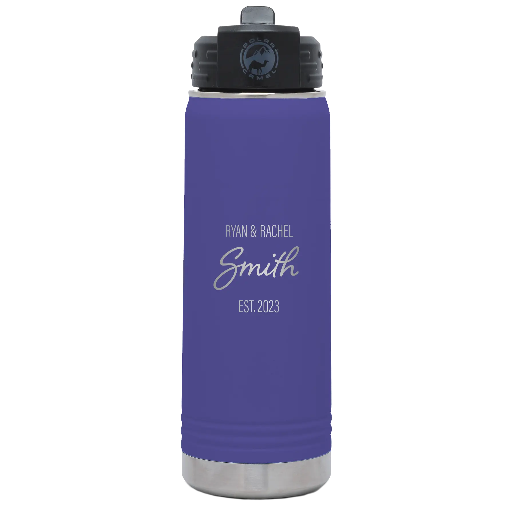 Personalized purple 20 oz vacuum insulated water bottle with 'Name Name Last Name est' design