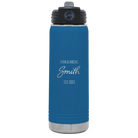 Personalized royal blue 20 oz vacuum insulated water bottle with 'Name Name Last Name est' design