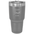Personalized dark gray 30 oz vacuum insulated tumbler with 'Name Name Last Name est' design