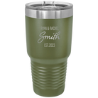Personalized olive green 30 oz vacuum insulated tumbler with 'Name Name Last Name est' design