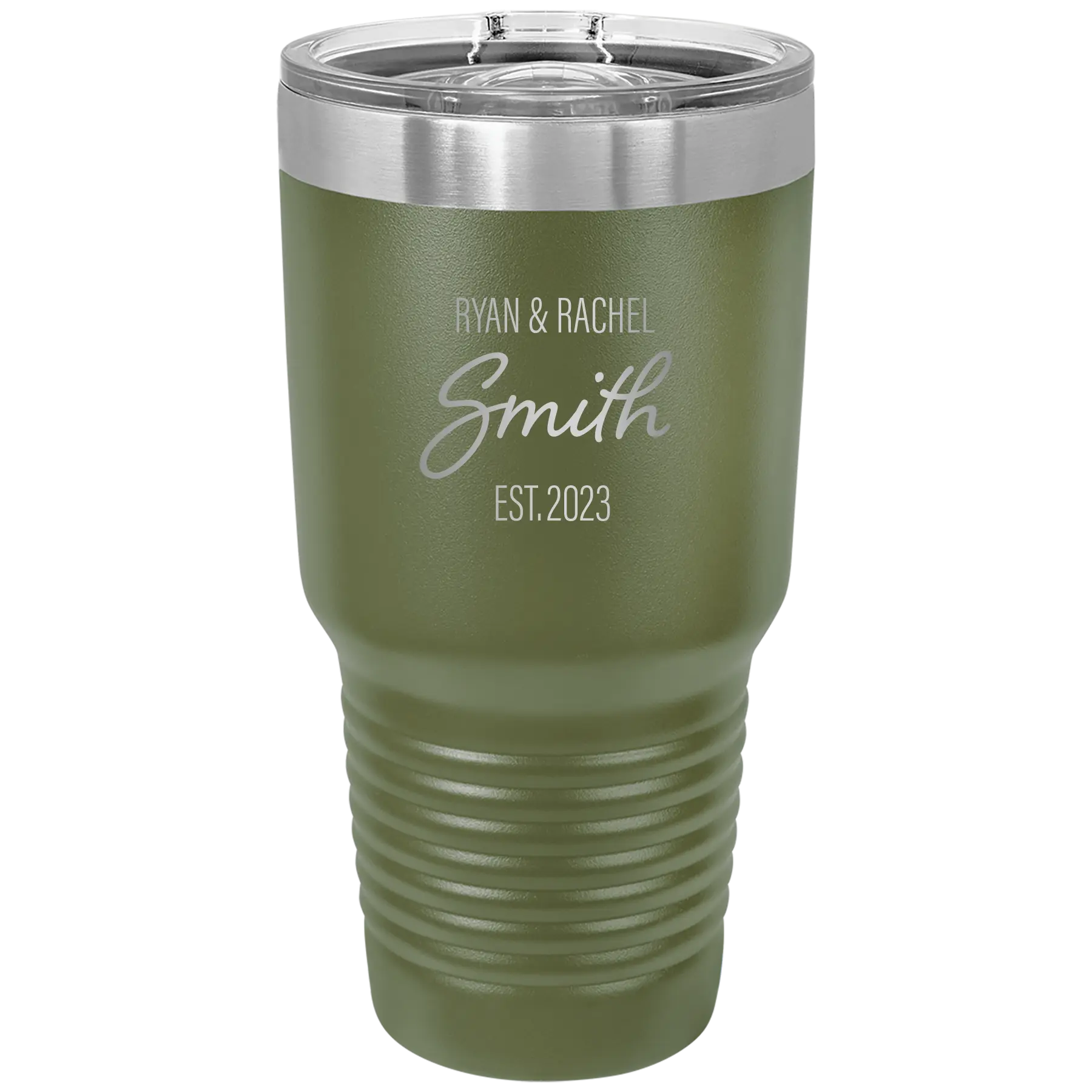Personalized olive green 30 oz vacuum insulated tumbler with 'Name Name Last Name est' design