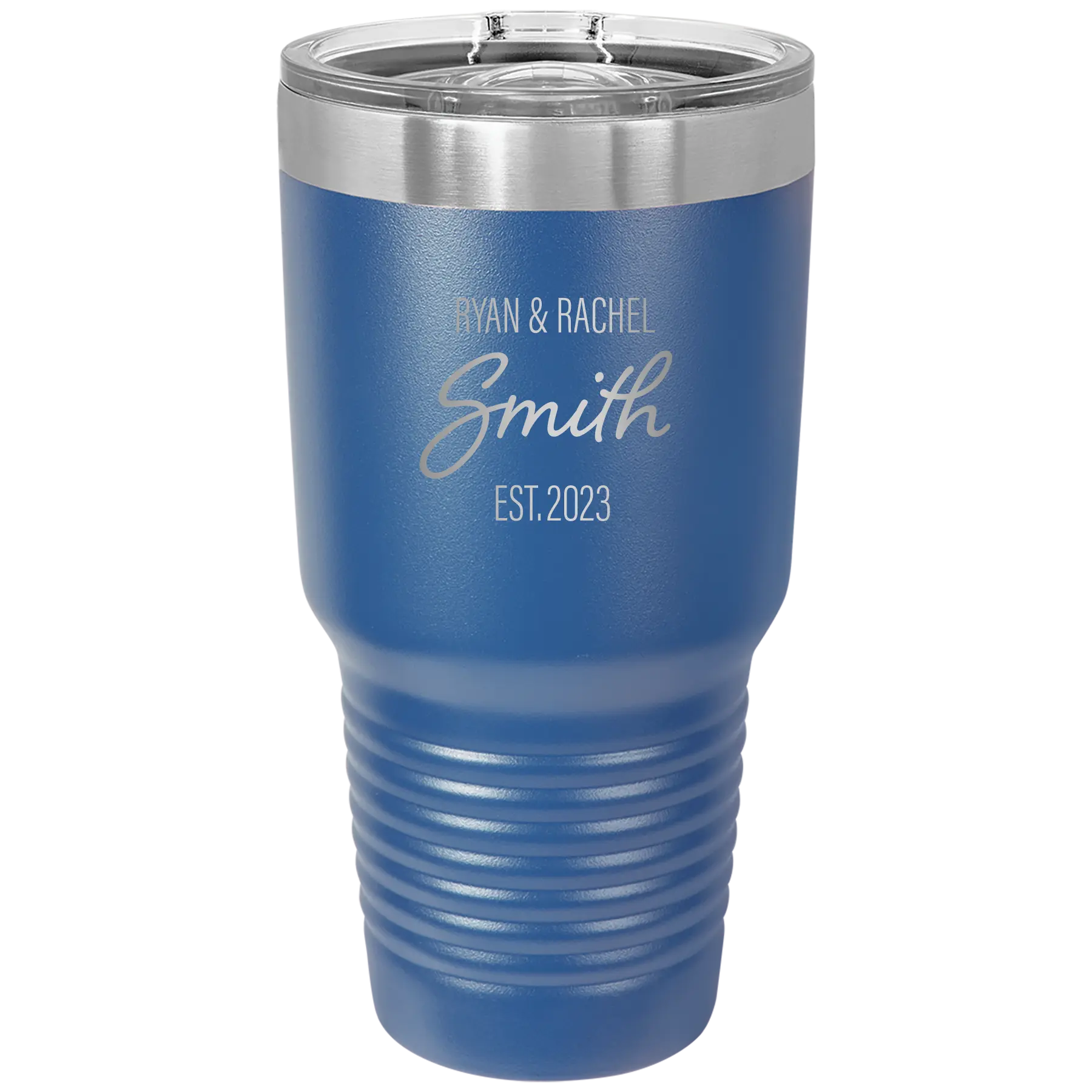 Personalized royal blue 30 oz vacuum insulated tumbler with 'Name Name Last Name est' design