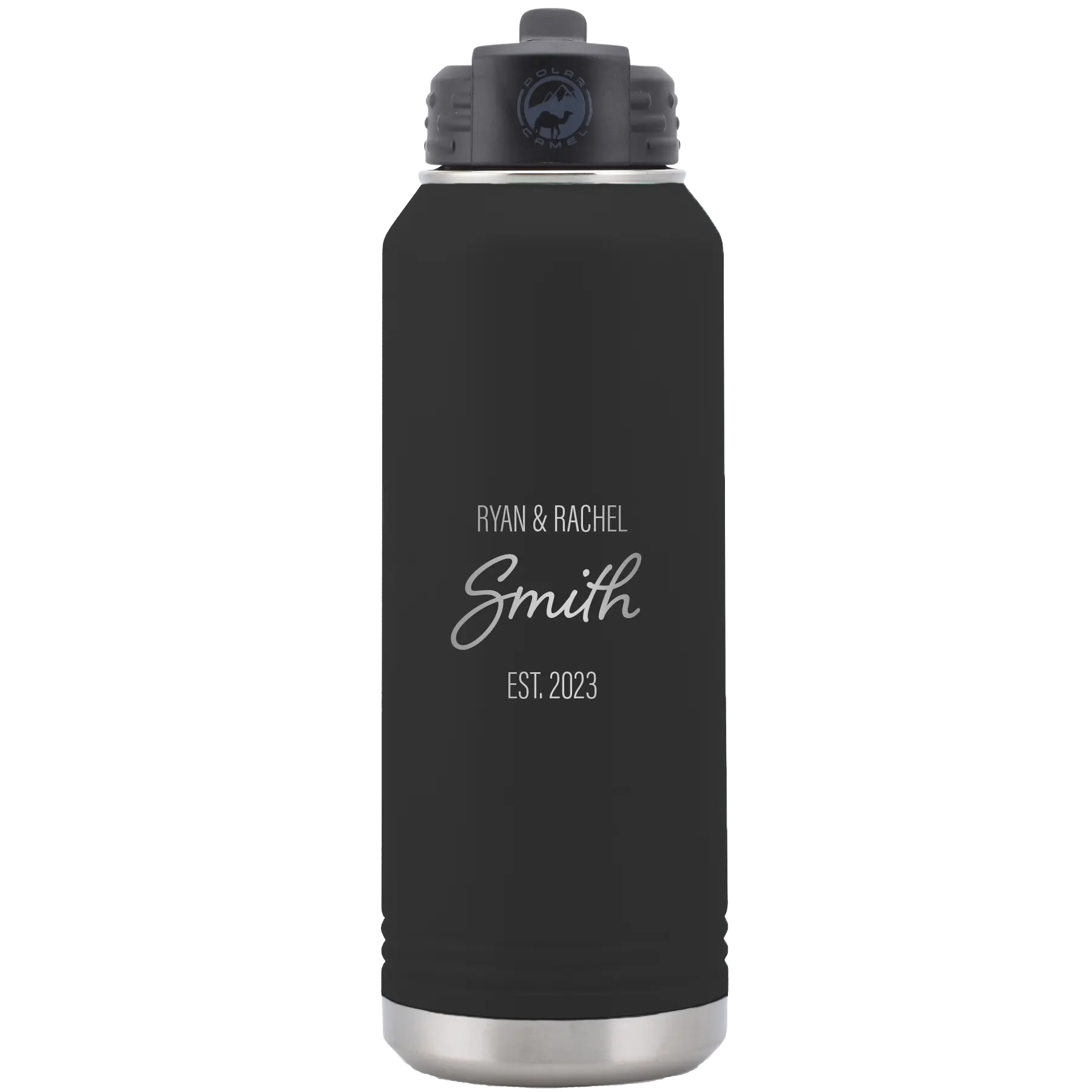 Personalized black 32 oz vacuum insulated water bottle with 'Name Name Last Name est' design
