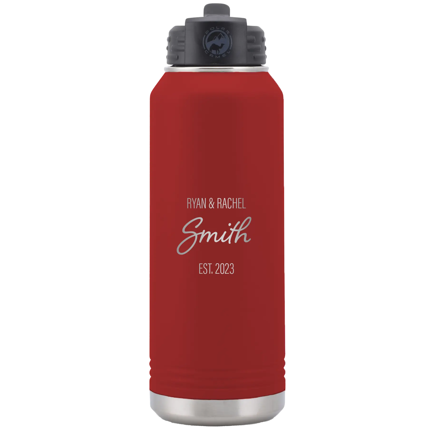 Personalized maroon 32 oz vacuum insulated water bottle with 'Name Name Last Name est' design