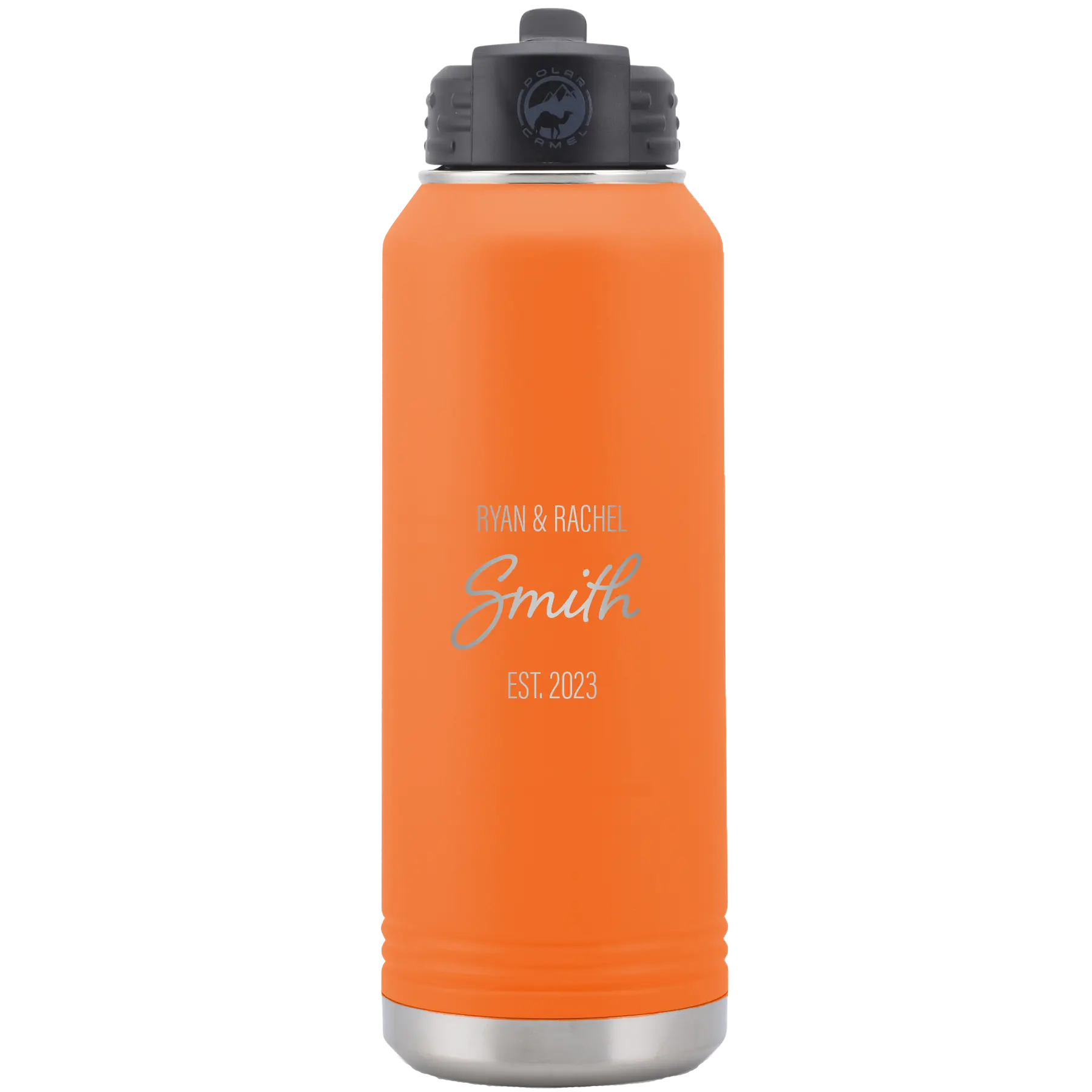 Personalized orange 32 oz vacuum insulated water bottle with 'Name Name Last Name est' design