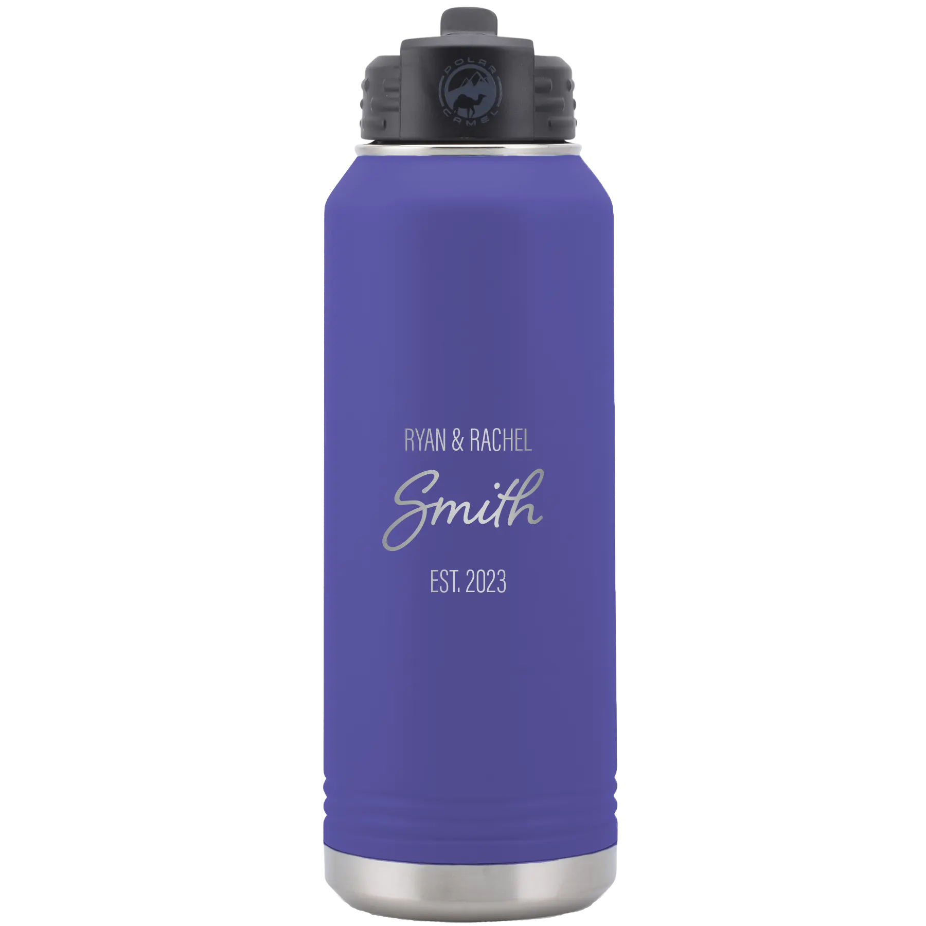 Personalized purple 32 oz vacuum insulated water bottle with 'Name Name Last Name est' design