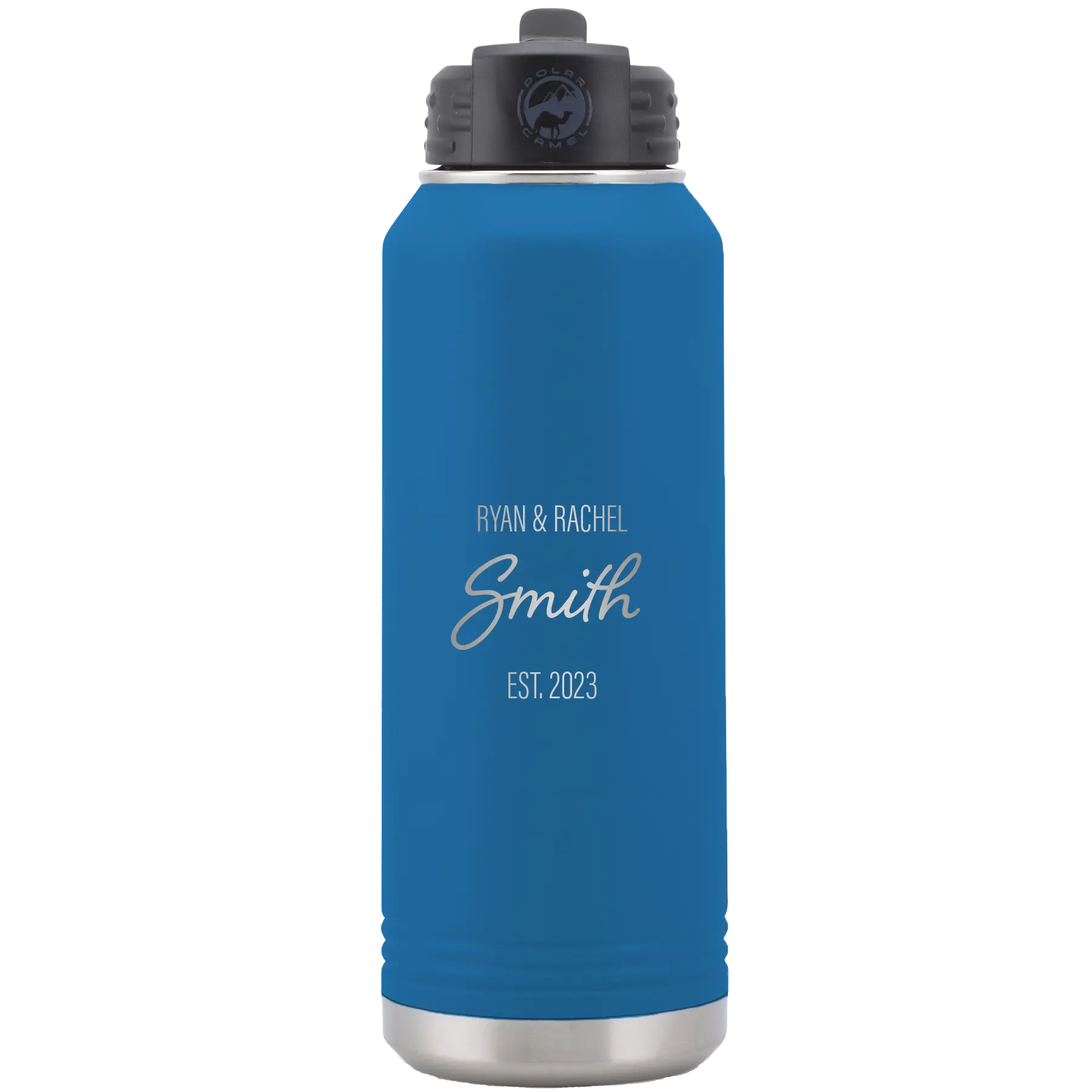 Personalized royal blue 32 oz vacuum insulated water bottle with 'Name Name Last Name est' design