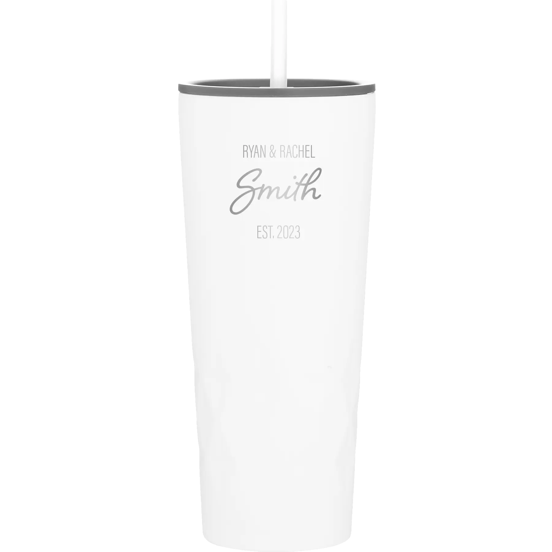 Personalized white 20 oz vacuum insulated tumbler with 'Name Name Last Name est' design