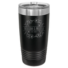 Personalized black 20 oz vacuum insulated tumbler with 'Names and est' design