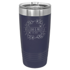 Personalized navy 20 oz vacuum insulated tumbler with 'Names and est' design