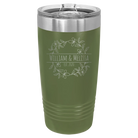 Personalized olive green 20 oz vacuum insulated tumbler with 'Names and est' design