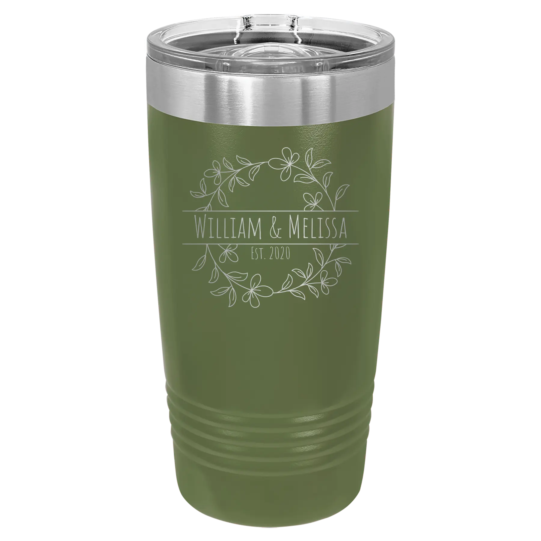 Personalized olive green 20 oz vacuum insulated tumbler with 'Names and est' design