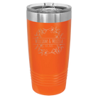 Personalized orange 20 oz vacuum insulated tumbler with 'Names and est' design