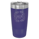 Personalized purple 20 oz vacuum insulated tumbler with 'Names and est' design