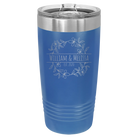 Personalized royal blue 20 oz vacuum insulated tumbler with 'Names and est' design
