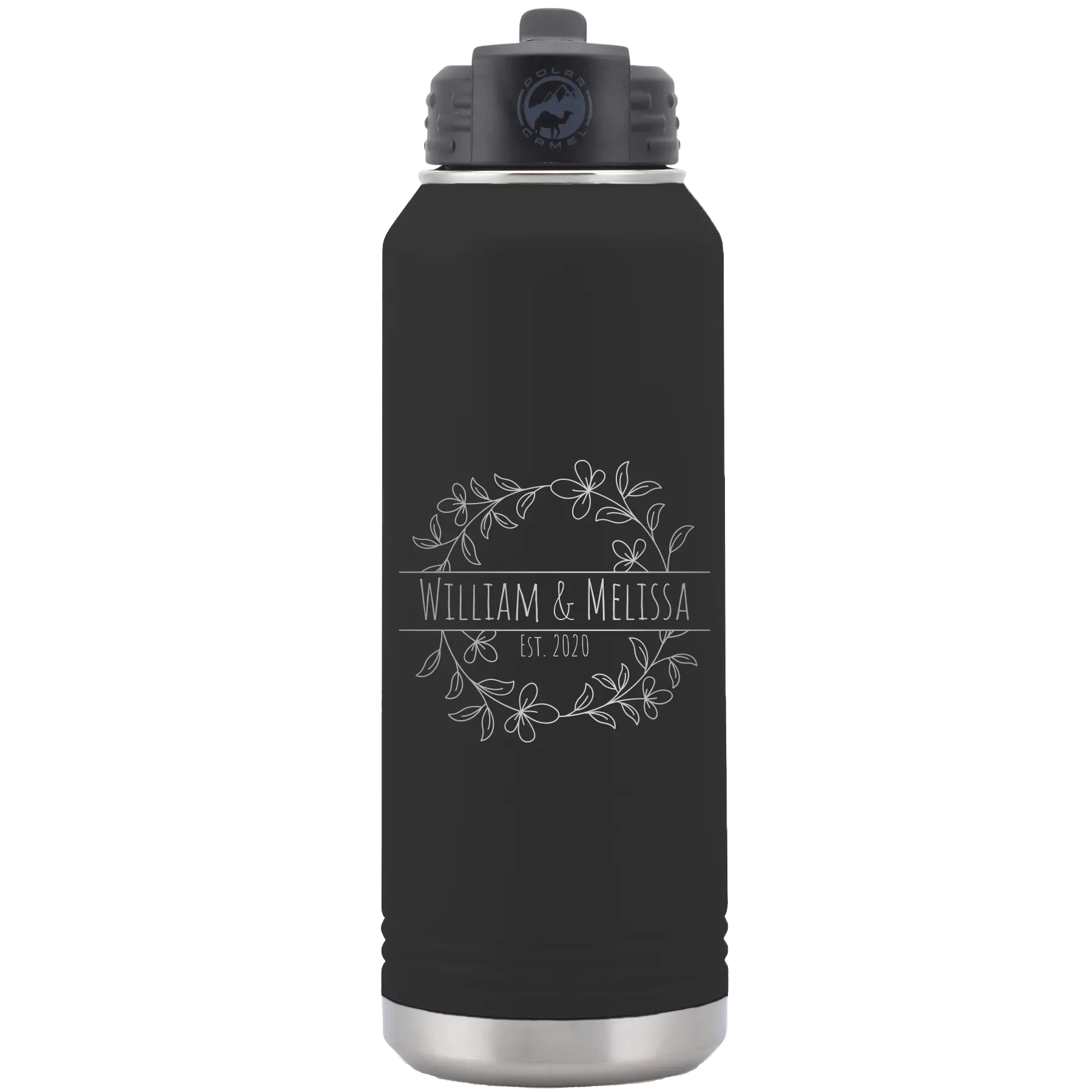 Personalized black 32 oz vacuum insulated water bottle with 'Names and est' design