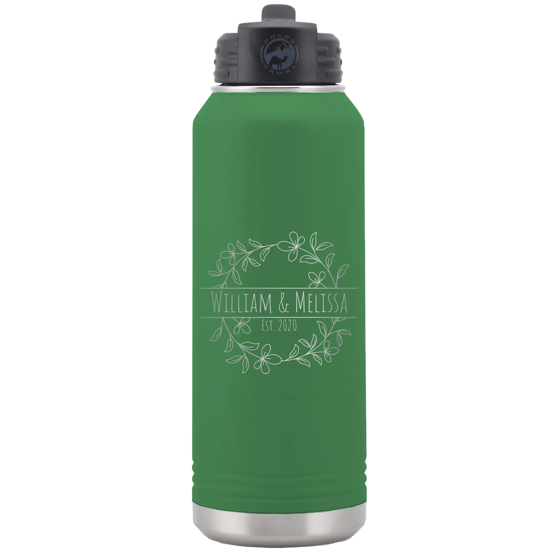 Personalized green 32 oz vacuum insulated water bottle with 'Names and est' design